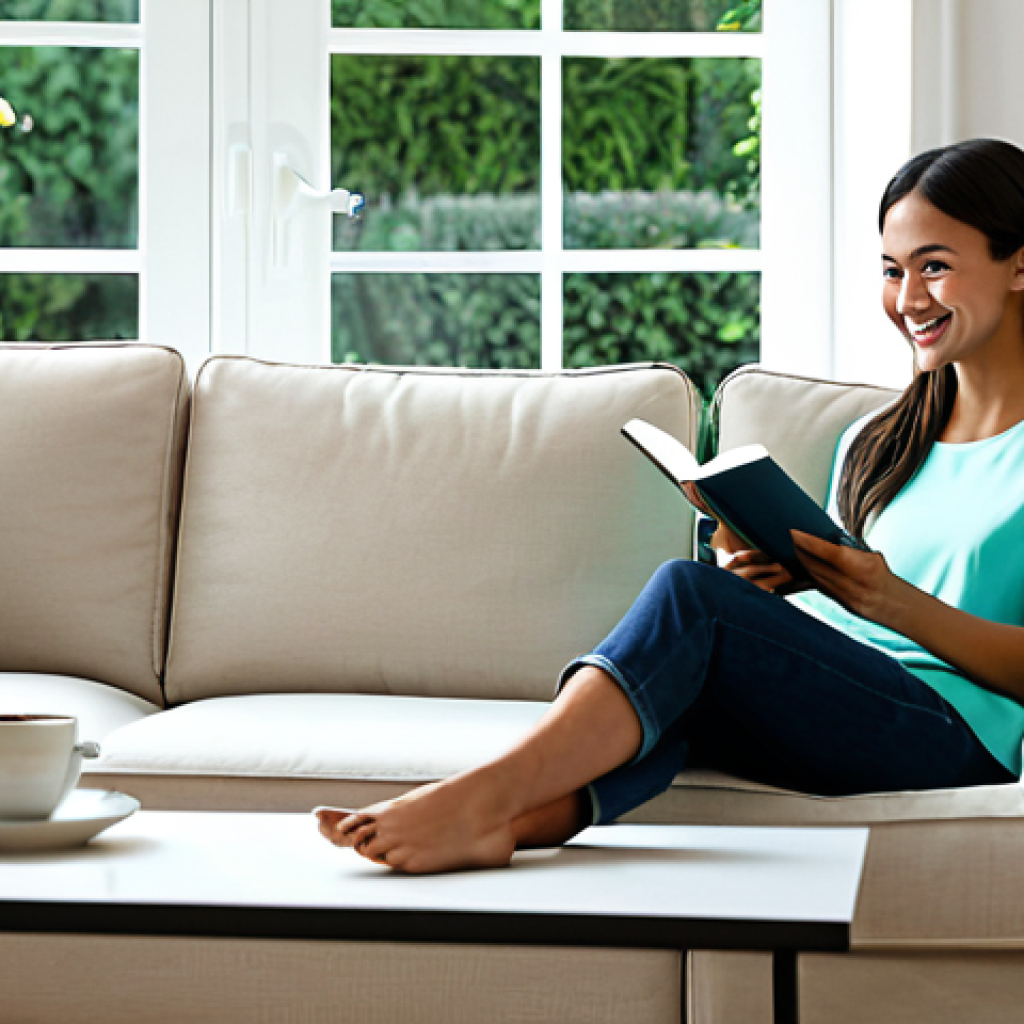 Modern Living Room**
A bright and airy living room scene, featuring a stylish sofa with perfect cushions and a modern coffee table. A fully clothed woman in comfortable, modest clothing smiles as she reads a book. Large windows reveal a lush green garden.
* Keywords: "safe for work," "appropriate content," "fully clothed," "professional," "modest," "family-friendly," "interior design," "living room," "modern," "natural lighting," "well-formed hands," "perfect anatomy," "correct proportions," "natural pose"
**