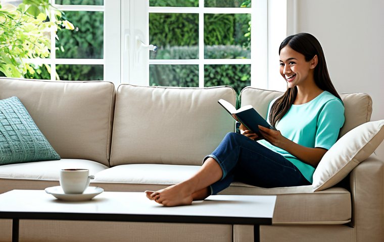 Modern Living Room**

A bright and airy living room scene, featuring a stylish sofa with perfect cushions and a modern coffee table. A fully clothed woman in comfortable, modest clothing smiles as she reads a book. Large windows reveal a lush green garden.

*   Keywords: "safe for work," "appropriate content," "fully clothed," "professional," "modest," "family-friendly," "interior design," "living room," "modern," "natural lighting," "well-formed hands," "perfect anatomy," "correct proportions," "natural pose"

**