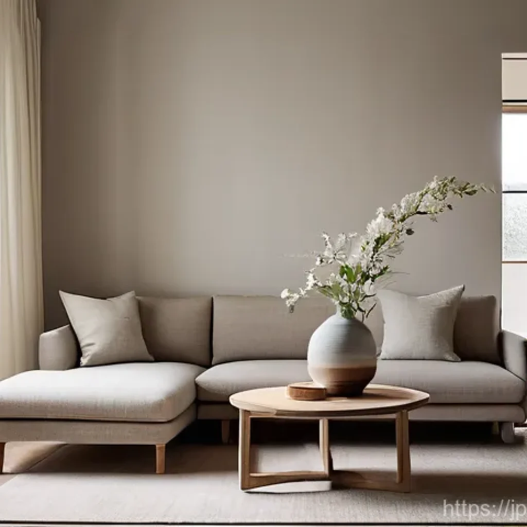 가구디자인의 기본 윤리 - **Prompt 1: Japandi Serenity with Upcycled Elements**
A wide shot of a serene and minimalist liv...