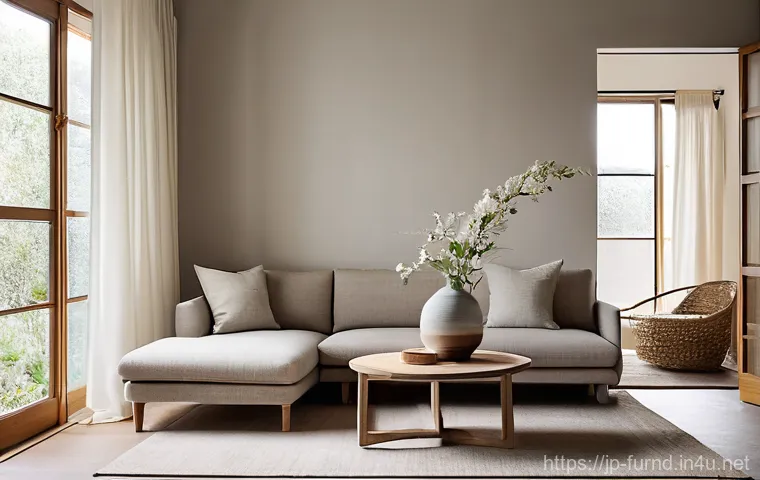 가구디자인의 기본 윤리 - **Prompt 1: Japandi Serenity with Upcycled Elements**
    A wide shot of a serene and minimalist liv...