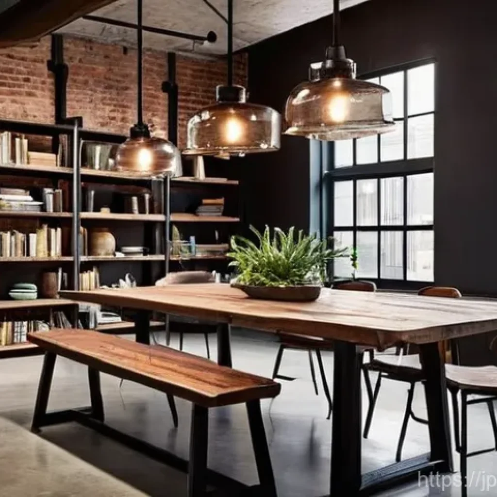 가구디자인에서 금속 활용법 - **Industrial Chic Loft Dining Area:**
A spacious, high-ceiling loft with exposed brick walls and...