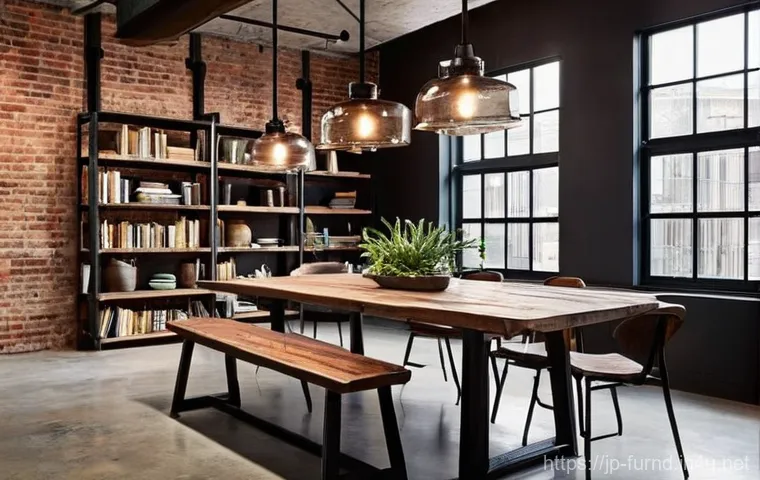 가구디자인에서 금속 활용법 - **Industrial Chic Loft Dining Area:**
    A spacious, high-ceiling loft with exposed brick walls and...