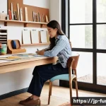 가구디자인 필수 자격증 리스트 - **Prompt:** A vibrant, sunlit modern design studio where a focused young female furniture designer, ...