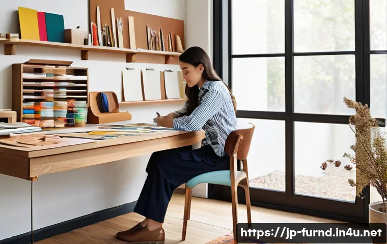 가구디자인 필수 자격증 리스트 - **Prompt:** A vibrant, sunlit modern design studio where a focused young female furniture designer, ...