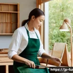 가구디자인 창업 성공 사례 - **Sustainable Craftsmanship in a Modern Atelier:**
    A focused furniture designer, wearing a pract...