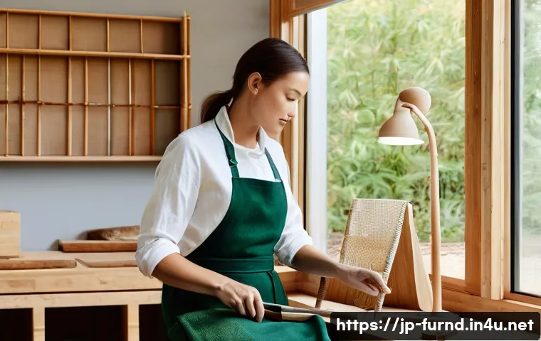 가구디자인 창업 성공 사례 - **Sustainable Craftsmanship in a Modern Atelier:**
    A focused furniture designer, wearing a pract...